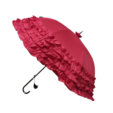 Boutique Triple Frill Stick Auto Umbrella RED